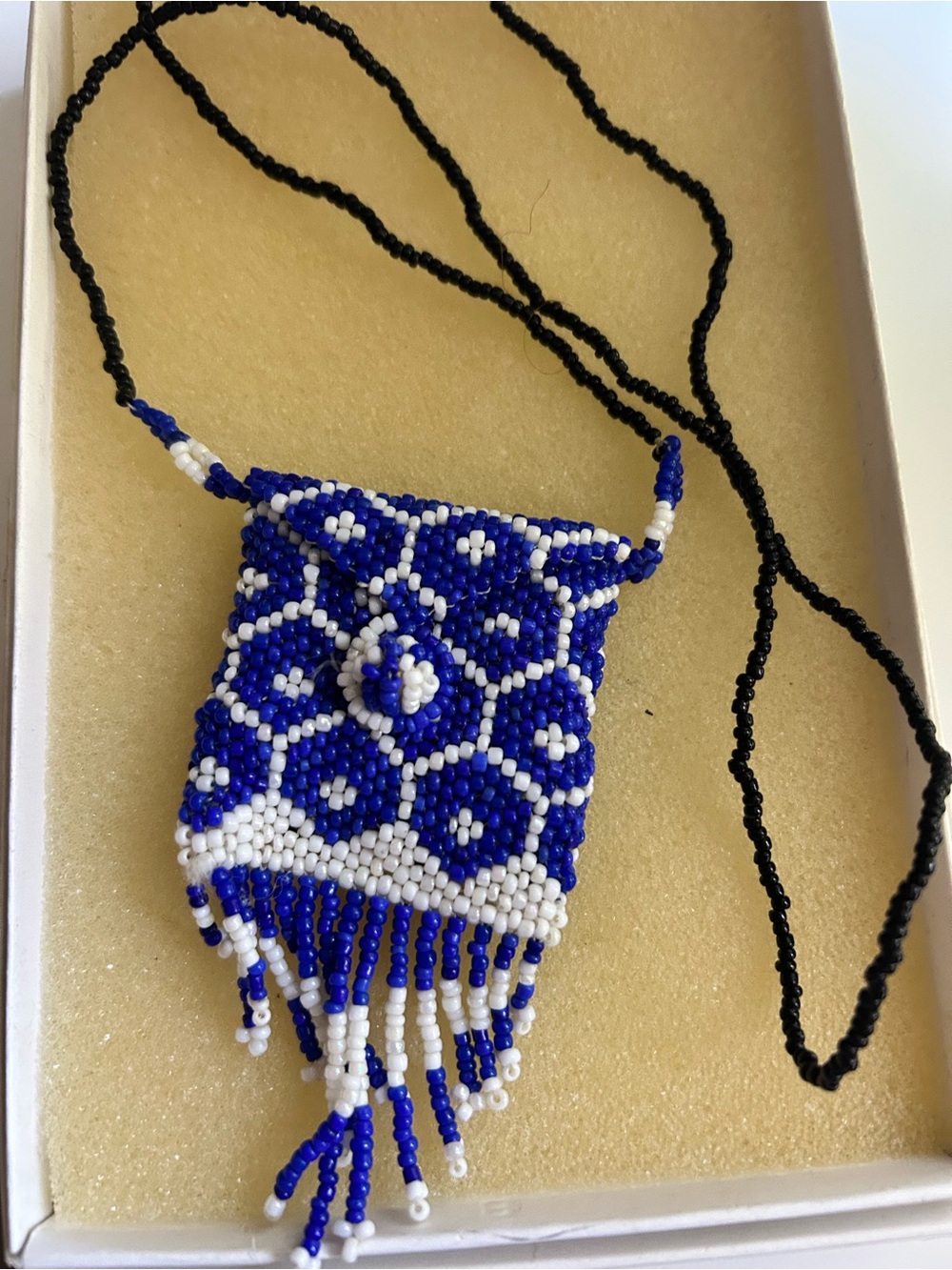 Handmade Blue and White Seed Bead Fringe Necklace - Unbranded